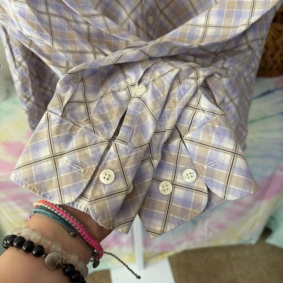 PERRY ELLIS Men's Plaid Shirt - lavender & tan plaid button down shirt LARGE - Picture 3 of 7